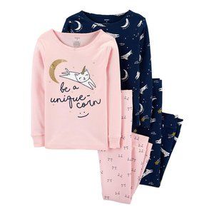 Carters Girl's 4pcs Unicorn Cat Snug Fit Cotton Pajamas PJs 2T 3T Pink Navy Blue